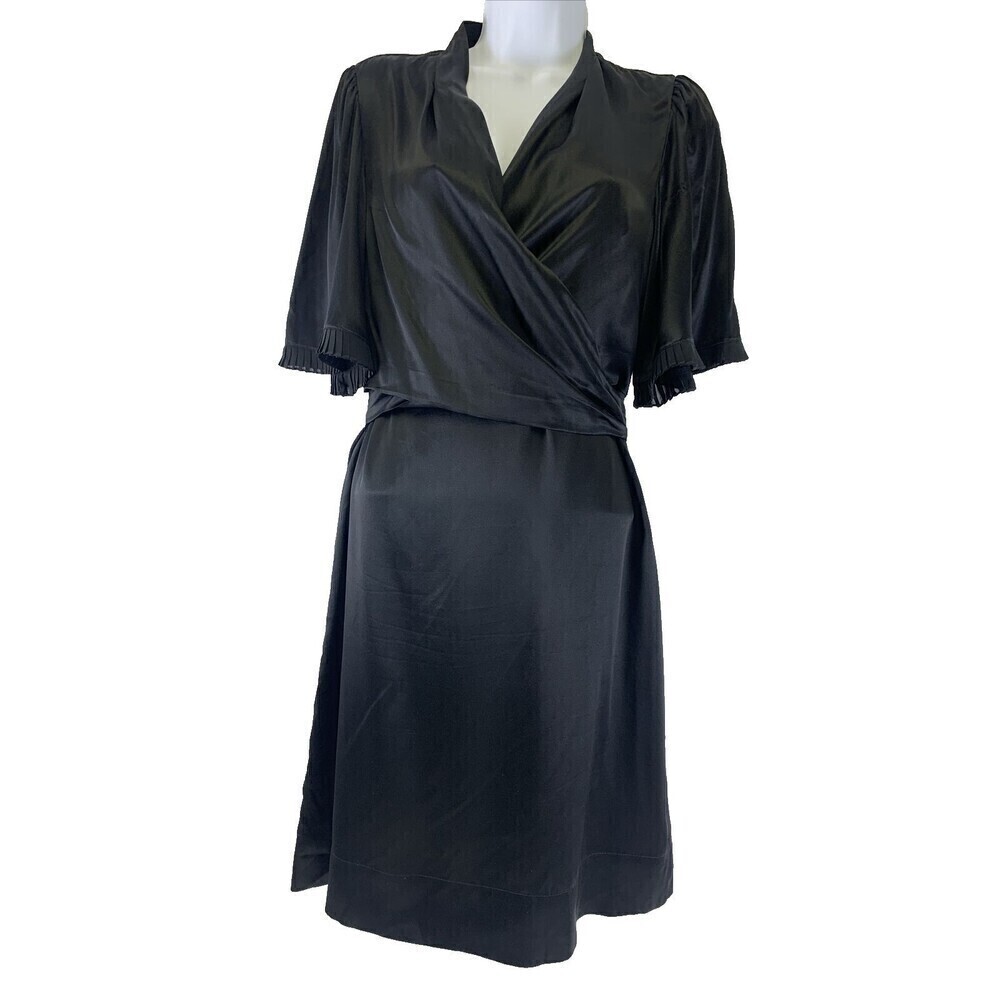 BCBGMaxazria Silk Wrap Dress Black Short Ruffle Sleeves Romantic Goth Victorian